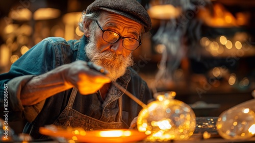 A glassblower using a blowpipe to shape molten glass, on workshop filled with glass art pieces, tools photo