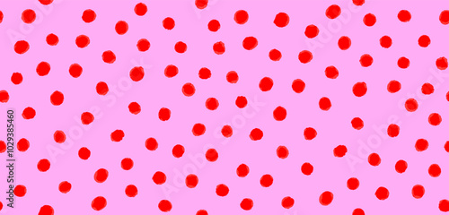 Dotted Irregular Seamless Vector Pattern. Hand Drawn Simple Polka Dots Print for Fabric, Wrapping Paper. Infantile Style Abstract Geometric Design. Red Spots Isolated on a Light Pink Background. 