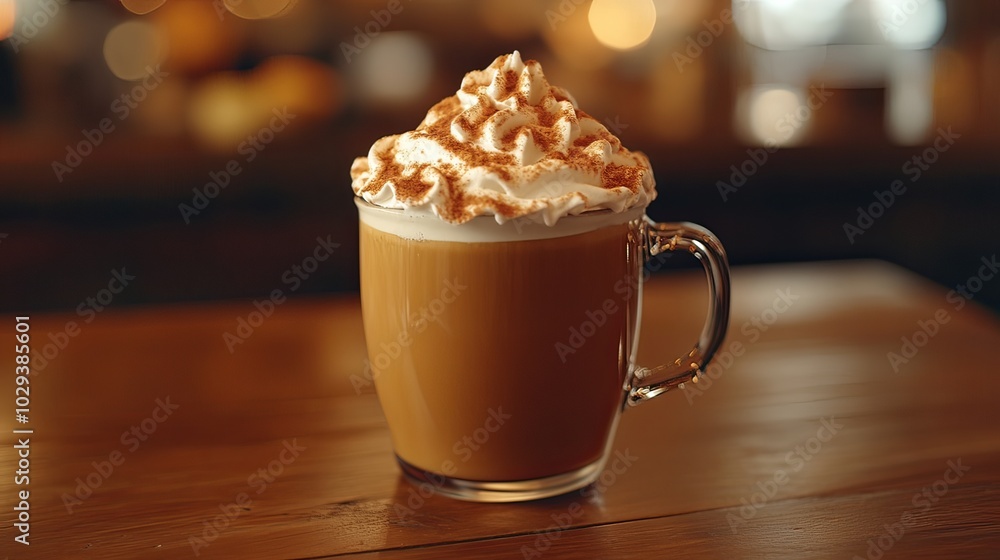 Close-up of a hot pumpkin spice latte with whipped cream on a wooden table. Close-up of a hot pumpkin spice latte with whipped cream on a wooden table.