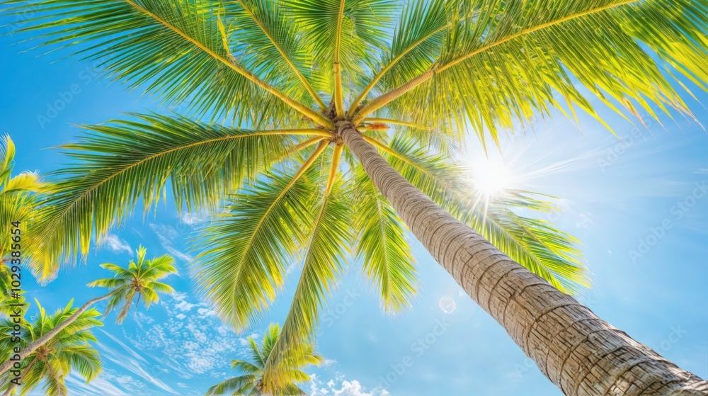 Bright sunlight shining through tall tropical palm trees, creating a beautiful natural canopy against a blue sky