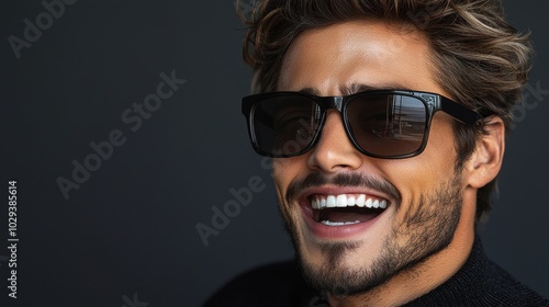 A stylish man smiles confidently while wearing sunglasses indoors, showcasing a trendy hairstyle and a relaxed demeanor
