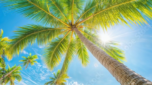 Obraz na płótnie Bright sunlight shining through tall tropical palm trees, creating a beautiful natural canopy against a blue sky w salonie