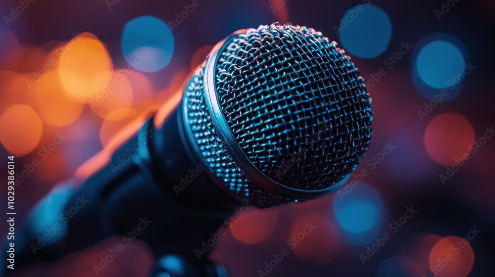 Close-up of a microphone with colorful bokeh background, ideal for music and performance. Close-up of a microphone with colorful bokeh background, ideal for music and performance.