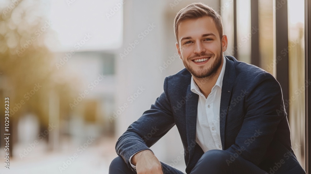 A young professional man smiles while sitting casually on a white bench, enjoying a coffee in a bright, minimalist setting. With copy space for text. A young professional man smiles while sitting casually on a white bench, enjoying a coffee in a bright, minimalist setting. With copy space for text.