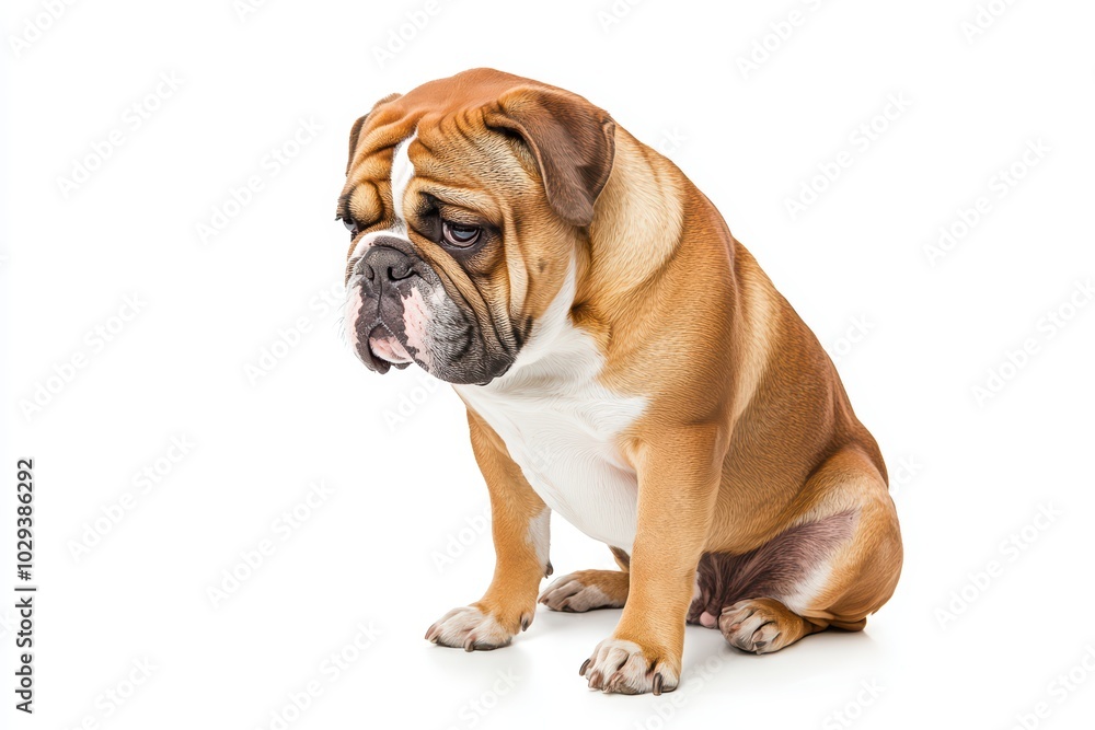 A charming bulldog sitting elegantly against a white background, showcasing its unique features and playful personality. A charming bulldog sitting elegantly against a white background, showcasing its unique features and playful personality.