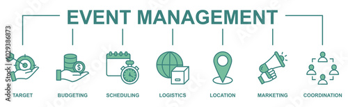 Event management banner web icon vector illustration concept with icon of target, budgeting, scheduling, logistics, location, marketing, and coordination