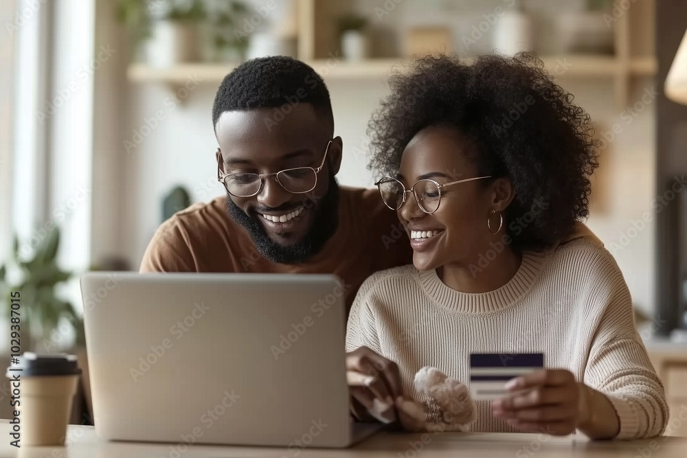 Adult couple buy online on laptop with credit card at home Adult couple buy online on laptop with credit card at home