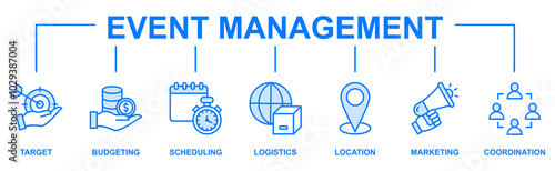 Event management banner web icon vector illustration concept with icon of target, budgeting, scheduling, logistics, location, marketing, and coordination