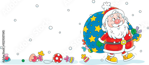 Funny Santa Claus going and loosing sweets and toys from his magical bag of Christmas gifts for little girls and boys, vector cartoon illustration isolated on a white background