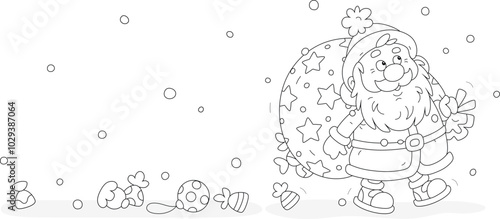Funny Santa Claus going and loosing sweets and toys from his magical bag of Christmas gifts for little girls and boys, black and white outline vector cartoon illustration for a coloring book