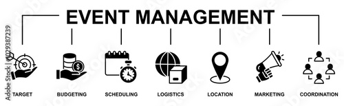 Event management banner web icon vector illustration concept with icon of target, budgeting, scheduling, logistics, location, marketing, and coordination