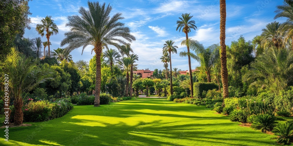 decorative garden with big trees and grass field at park on bright sunny day, architecture in distance decorative garden with big trees and grass field at park on bright sunny day, architecture in distance