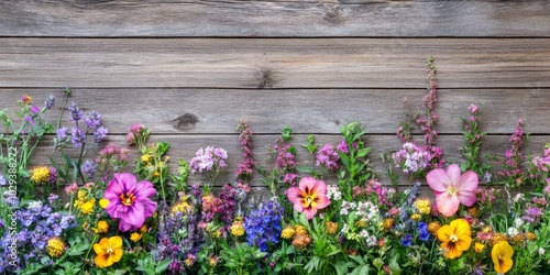 various flower border on wodden plank background