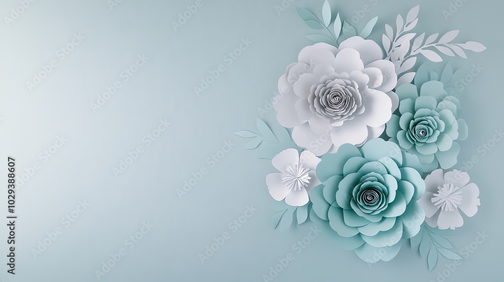 This artwork features intricately crafted 3D paper flowers in white and soft tones, interspersed with vibrant green leaves, all beautifully arranged on a pastel sage backdrop This artwork features intricately crafted 3D paper flowers in white and soft tones, interspersed with vibrant green leaves, all beautifully arranged on a pastel sage backdrop