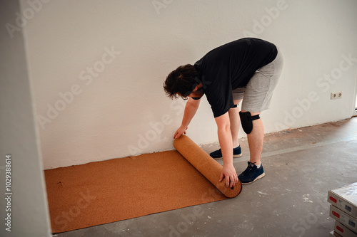Cuadro en lienzo Man installing cork underlayment for home renovation