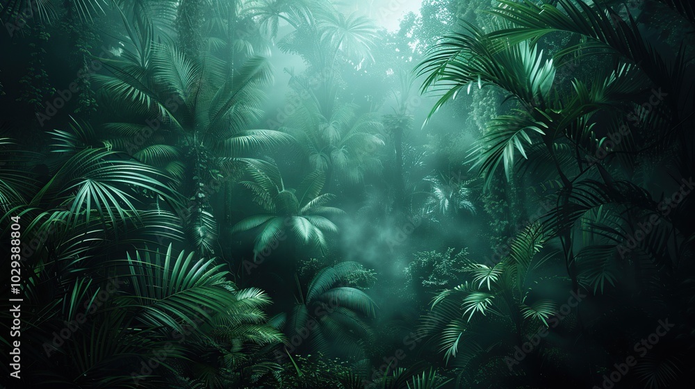 Mysterious Jungle with Fog and Lush Greenery Mysterious Jungle with Fog and Lush Greenery