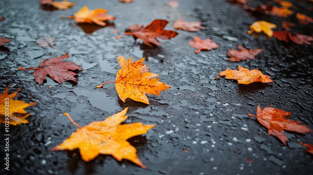 Close-up of colorful autumn leaves on a wet pavement after the rain. Close-up of colorful autumn leaves on a wet pavement after the rain.