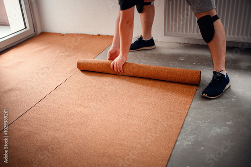 Man rolling out cork underlayment for flooring installation