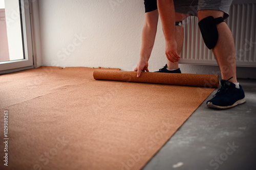 Tableau sur toile Man rolling out cork underlayment for flooring installation