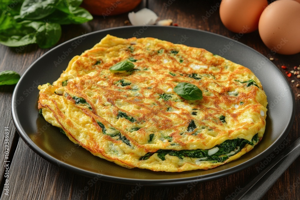 Egg White Omelette with Spinach. Delicious Healthy Breakfast on a White Plate Egg White Omelette with Spinach. Delicious Healthy Breakfast on a White Plate