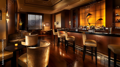 A five-star hotel bar with golden accents and velvet barstools under mood lighting. photo