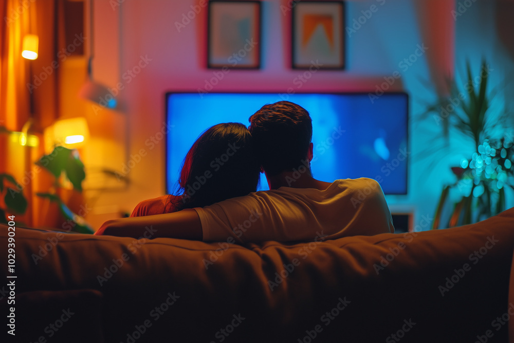Young couple sitting on the couch watching a drama movie cinematic lights shot with sony camera lens 8k Young couple sitting on the couch watching a drama movie cinematic lights shot with sony camera lens 8k