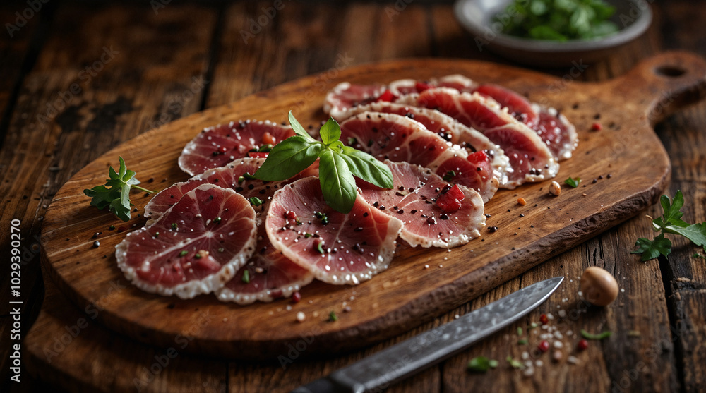 Artfully arranged thinly sliced cured meat on a wooden board garnished with herbs, food photography concept Artfully arranged thinly sliced cured meat on a wooden board garnished with herbs, food photography concept