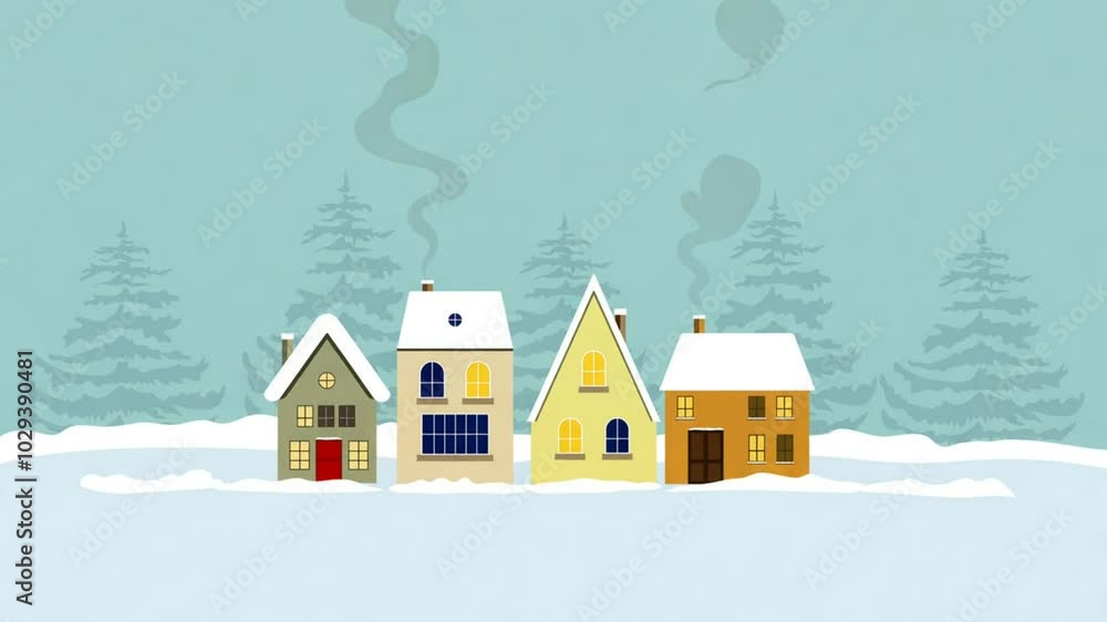 Christmas New Year video with cute rural houses forest trees in the background. Cozy winter scene illustration in vintage style