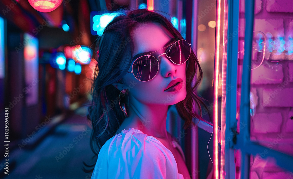 A fashionable woman wearing sunglasses and standing in a neon-lit urban setting, with vibrant pink and blue lights reflecting off her glasses, creating a modern, edgy look.
A fashionable woman wearing sunglasses and standing in a neon-lit urban setting, with vibrant pink and blue lights reflecting off her glasses, creating a modern, edgy look.