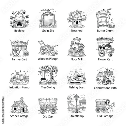 Collection of Vintage Countryside Hand Drawn Illustrations 

