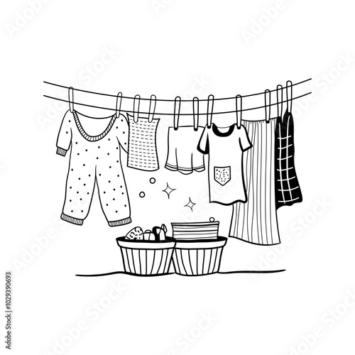 Hand drawn illustration of clothes hanging on a laundry line with baskets 