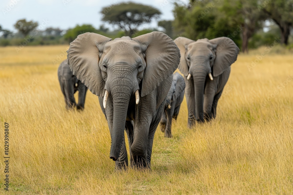 Fototapeta premium Elephant Herd. Family of Elephants Walking in Savuti, Botswana National Park