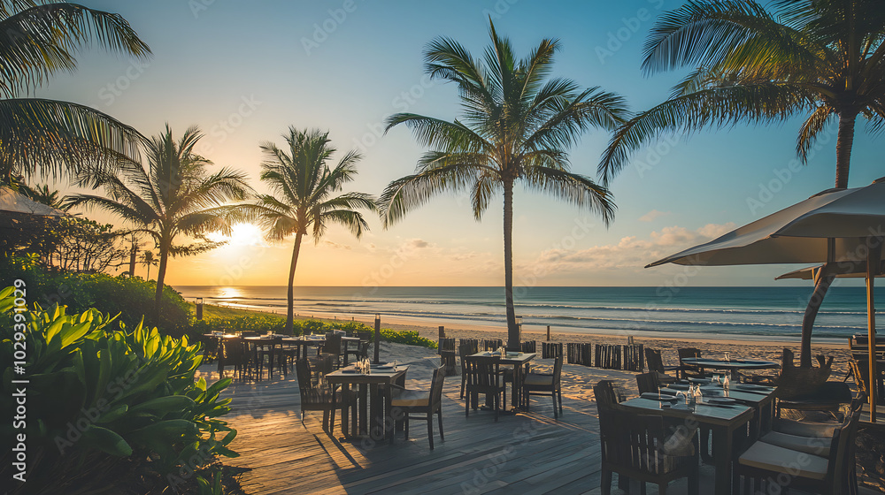 Fototapeta premium A five-star hotels beachfront restaurant with a view of the horizon and palm trees swaying.