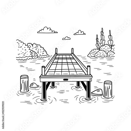 Hand drawn illustration of a wooden river dock