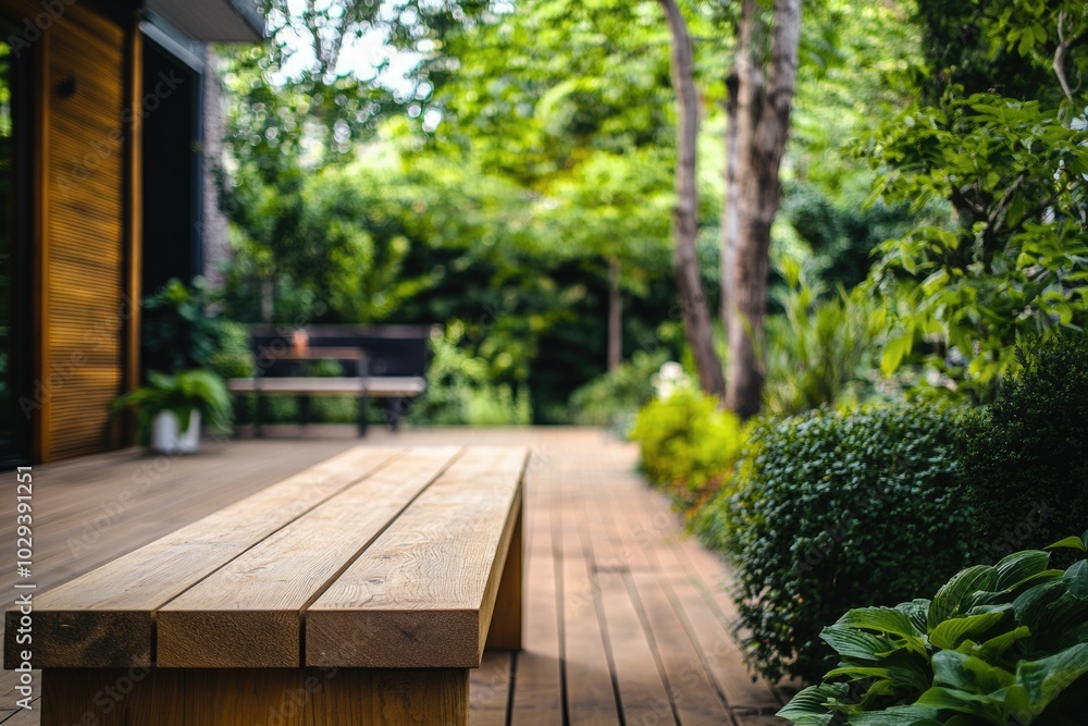 Luxury Outdoor Living Space with Wooden Furniture and Elegant Green Garden Bench