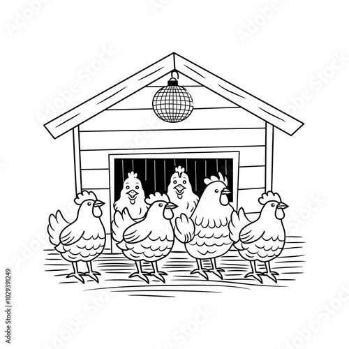 Hand drawn illustration of a woman feeding chickens in her backyard