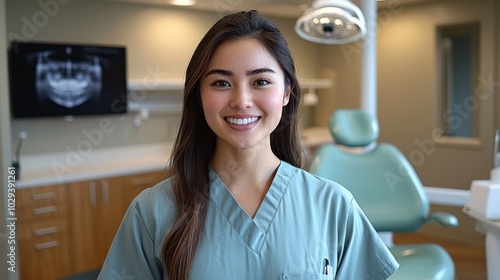 Smiling dental professional stands in a modern clinic, ready to assist patients during working hours