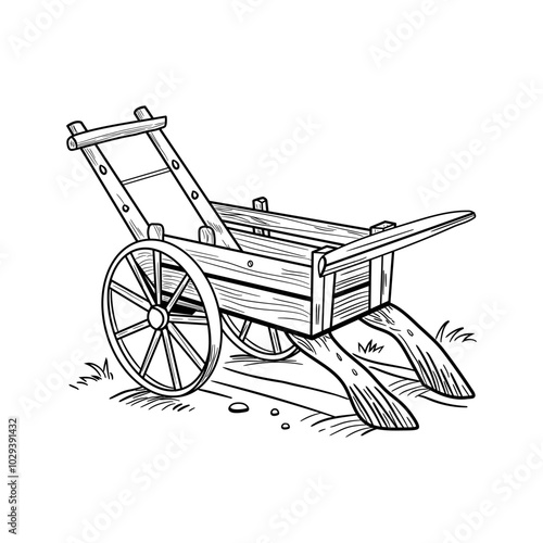 Hand drawn illustration of an old wooden plough