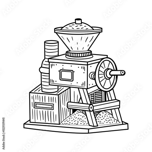 Hand drawn illustration of an old vintage flour mill