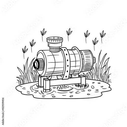 Hand drawn illustration of an irrigation pump in a field