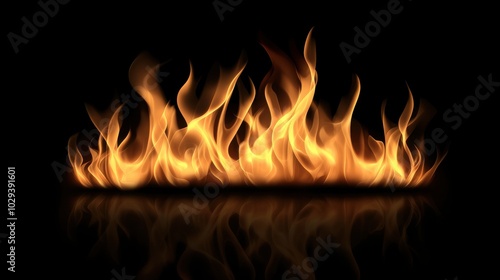 Bright orange fire flames isolated on black background. 