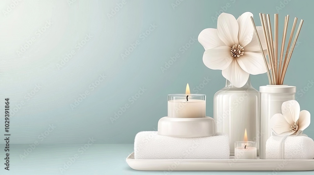 Aromatherapy set arranged on a table with a calming white background, showcasing a candle, scented sticks, and diffusers alongside vibrant orange flowers