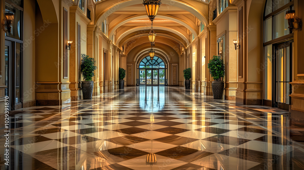 Obraz premium A five-star hotels grand hallway with marble floors and high arches leading to suites.