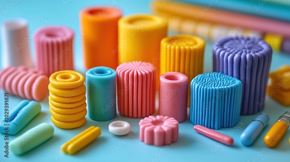 A colorful arrangement of various cylindrical and round shapes made from soft materials. A colorful arrangement of various cylindrical and round shapes made from soft materials.