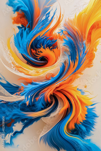 Vibrant, dynamic piece of abstract digital art features colorful swirls & fluid shapes. Energetic & intricate, this complex design captures movement & beauty, making it perfect for wallpaper or print.