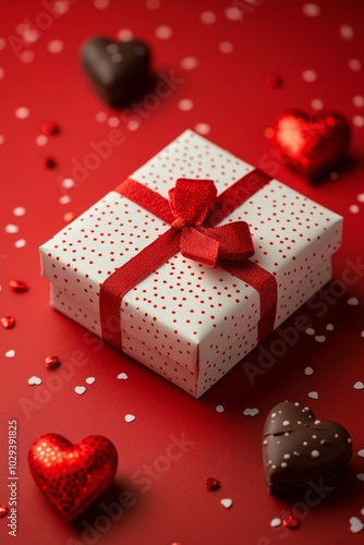 Elegant gift box with red ribbon and heart-shaped chocolates on a festive red background for Valentine's Day celebration