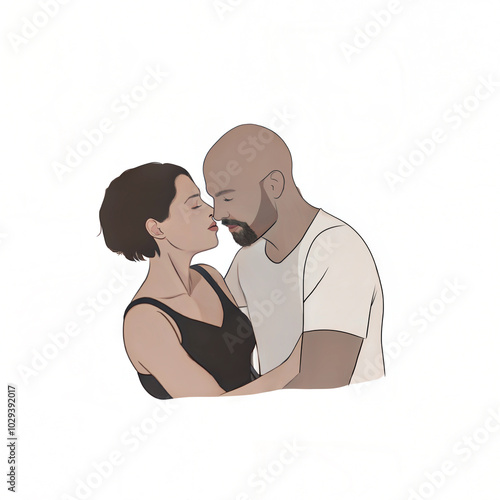 Loving couple leaning towards each other in an intimate embrace illustrated in a minimalist style 