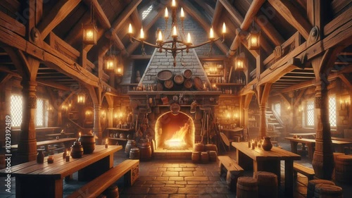 A warm and cozy medieval tavern interior with a crackling fireplace. Ideal for lofi music videos or relaxing backgrounds.