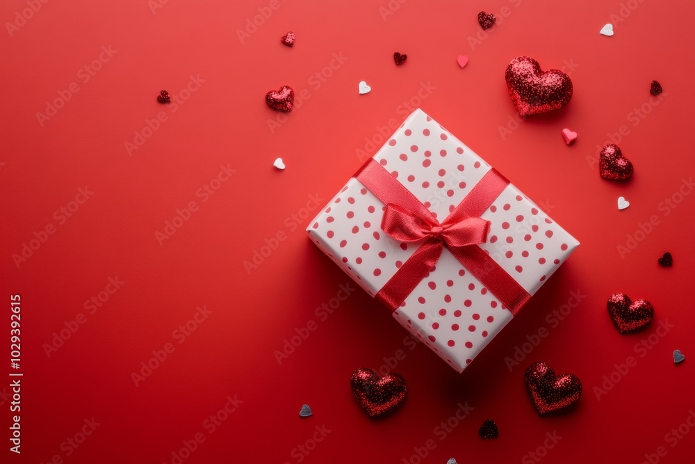Obraz premium Elegant Valentine's Day gift box adorned with red ribbon and heart-shaped chocolates on vibrant red background. With copy space for text.