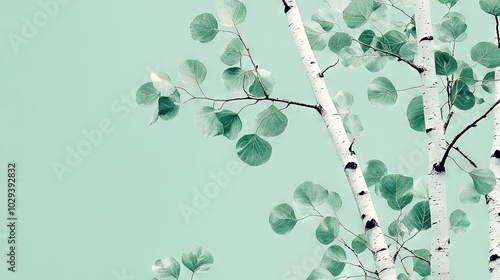   Birch tree with green leaves on pale green background, black bird perched